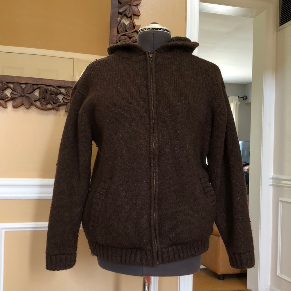 Brown Irish knit fleece lined wool carraigdonn Ireland hooded zip up jacket coat
